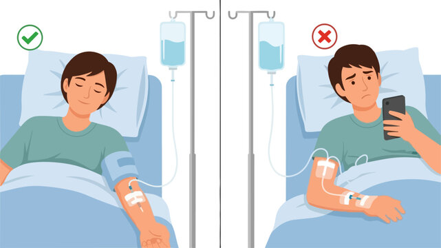 Patient resting during intravenous therapy versus patient using phone during IV drip.