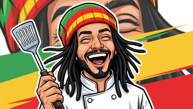 Happy Rasta Chef with Dreadlocks Holding Spatula.