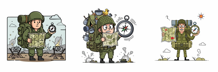 Whimsical Cartoon Soldier Navigating Battlefield with Compass and Map Illustration Set