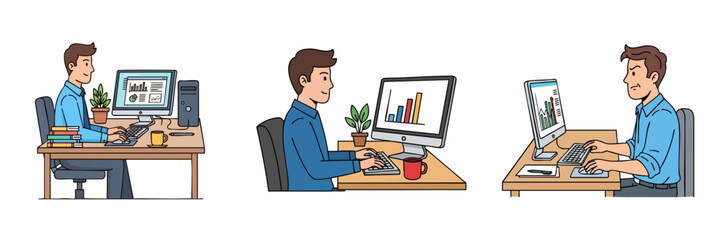 Handdrawn Outline Business Man Working at Desk with Computer Illustration