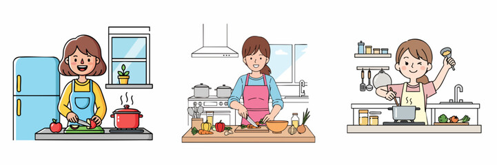 Cute Hand Drawn Illustration of Woman Cooking Delicious Food in Kitchen