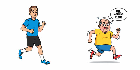 Cartoon Illustration Comparing Fit and Unfit Man Running in the Morning