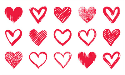 A charming collection of hand drawn red hearts with varying textures on a crisp white background