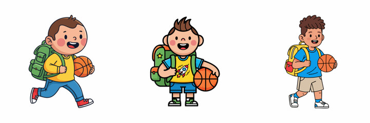 Playful Handdrawn Illustration of Three Boys with Backpacks Holding Basketballs