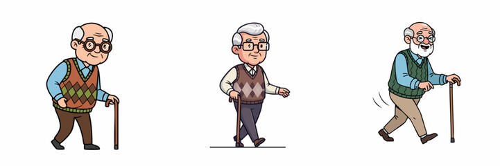 Cartoon Character Old Man Illustration Set with Walking Stick on White
