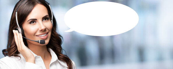 Representative call center. Businesswoman woman callcenter support phone operator wear headset, on blurred office background with white empty mockup speech bubble. Customer service help concept