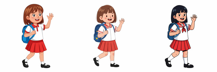 Cartoon Illustration of Cheerful Schoolgirl with Backpack Waving Hand Going to School