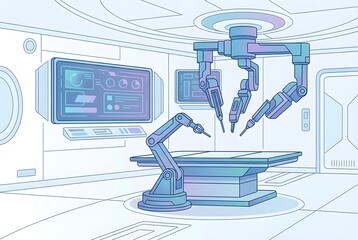 Futuristic robotic surgery room with multiple articulated arms above an empty operating table, surrounded by digital control panels, symbolizing advanced medical technology and automation.