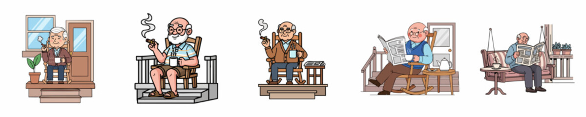 Detailed Pixel Art Senior Man Relaxing on Porch Illustration Set