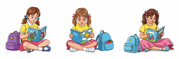 Colorful Cartoon Girl Reading Book with Backpack Illustration for Education