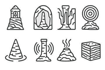 Fototapeta premium Geological Sound Icons. Line style icons of geological sound structures: rock bell tower, cavern tone spire, canyon sound pillar,