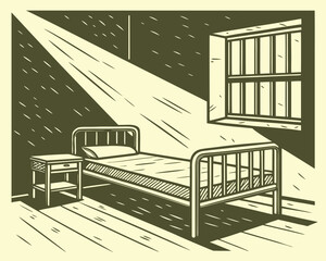 Vintage illustration of a single bed in a dark room with light beam
