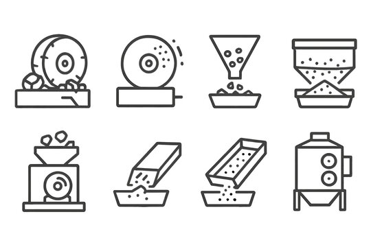 Mineral Grinding Icons. Line style icons of mineral grinding systems: crushing wheel, abrasive disc, mineral funnel, granule