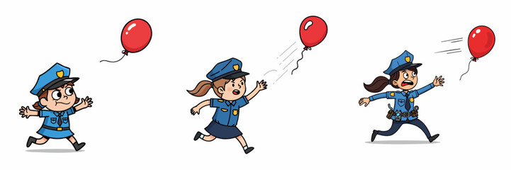 Cartoon Girl Police Officer Running After a Red Balloon Illustration