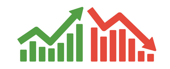 Graph going down and up sign with green and red arrows, vector illustration of bar chart symbols, depicting sales decrease and growth, ideal for business analytics, financial reports © welcome 