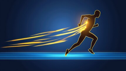 Energetic silhouette of runner in motion with dynamic light trails representing speed and athletic performance