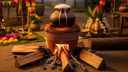 Traditional Pongal Celebration with Steaming Clay Pot and Sweet Chakkara Pongal