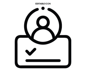 Black line icon depicting a user profile on a screen with a checkmark approval