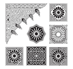 Detailed mosaic corner and geometric star patterns in black and white line art vector