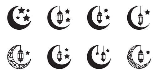 Islamic crescent moon icons with hanging lanterns and stars for ramadan kareem decorative background