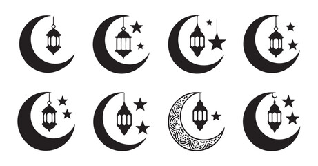 Ramadan lantern and crescent moon symbols for islamic greeting card design and religious decorations