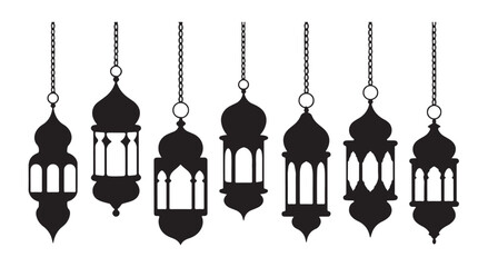 Set of seven black hanging fanoos lanterns perfect for muslim holidays and holy month designs
