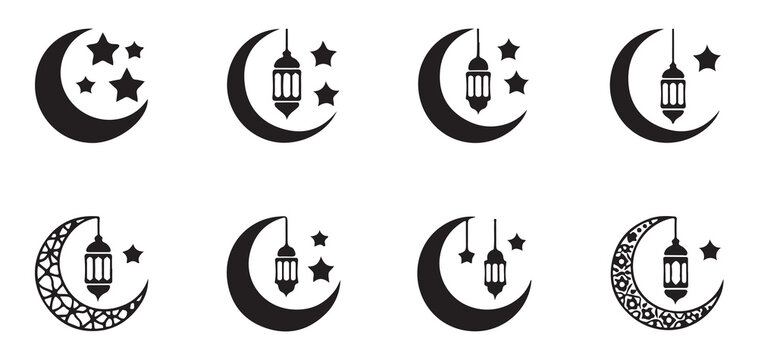 Islamic crescent moon icons with hanging lanterns and stars for ramadan kareem decorative background