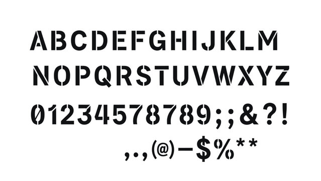 Stencil alphabet, uppercase letters, numbers and punctuation marks, isolated white background.