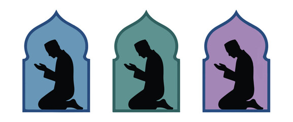 Muslim man praying kneeling inside archway silhouette variations vector