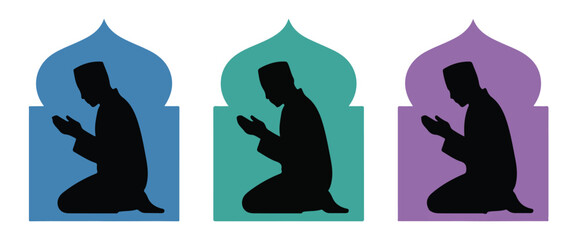 Muslim man praying kneeling silhouette in colorful arch frames vector