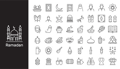 Outline ramadan icons set islamic religious symbols muslim traditions fasting decoration line elements