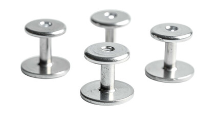 Five small, silver, metal studs with cylindrical stems on black background