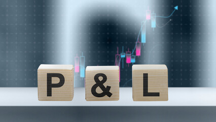 Wooden blocks arranged to spell out "P & L" (Profit and Loss) with a blurred graph background. Financial concepts, business reports, investment strategies, and economic analysis