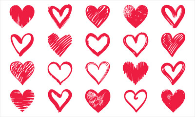 A collection of hand drawn red hearts in various doodle styles against a clean white background