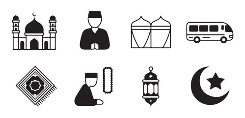 Solid black pictograms representing essential elements of islamic faith hajj rituals and celebration items