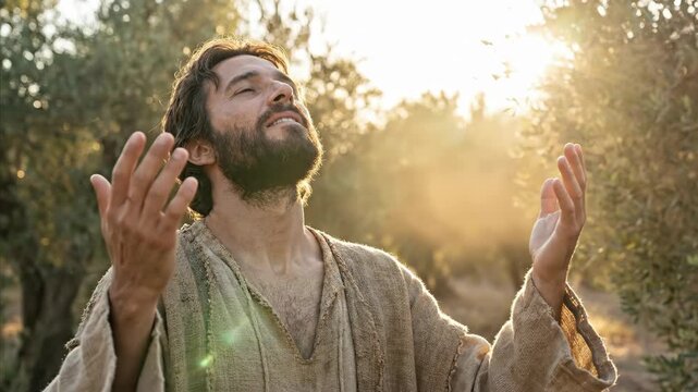 Religious man looking up with open hands in olive grove. Worship and spirituality concept.