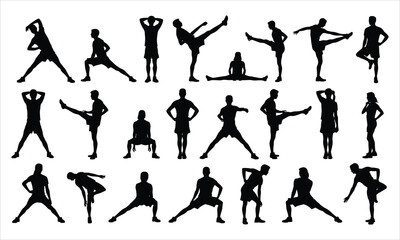 A comprehensive collection of diverse human silhouettes engaged in various fitness and stretching activities