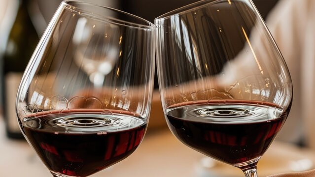 A vibrant close-up of two elegant wine glasses clinking together in a celebratory toast, filled with rich red wine, symbolizing friendship, joy, and memorable social occasions
