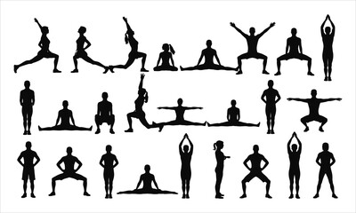 A diverse collection of human silhouettes demonstrating various yoga and stretching poses on a clean white background