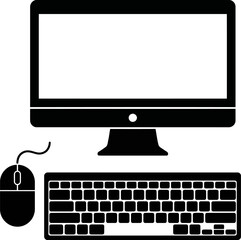 Desktop computer vector icon. Monitor, keyboard, and mouse silhouette isolated on white background.