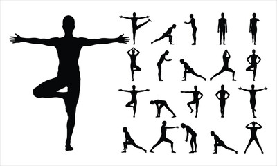 A detailed collection of human silhouettes demonstrating various yoga and stretching poses on a clean white background