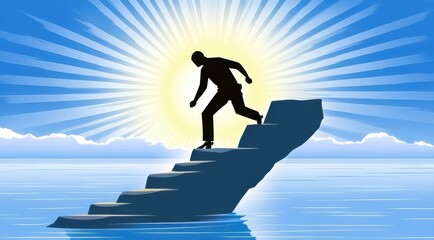 Silhouette of a Person Climbing Steps Towards Light Above Water with Rays of Sunshine in the Background