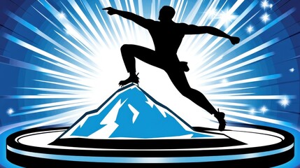 Dynamic silhouette of an athlete triumphantly posing on a mountain peak with vibrant rays in the background