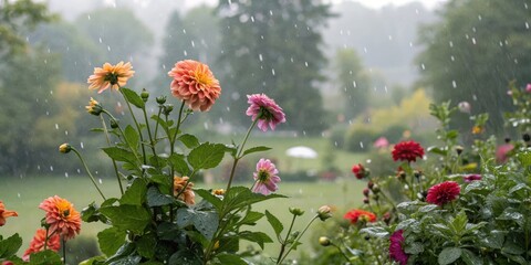 Vibrant flowers bloom in the rain on a lush green hillside