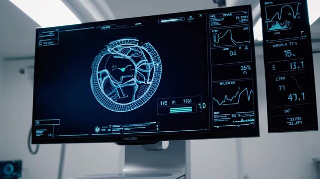 surgical robot drilling over monitor displaying brain imaging and vitals in sterile operating room with chrome arm, blue interface screens, real‑time analytics and surgical instruments