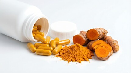 a visual representation of turmeric showcasing both the raw root powdered form and encapsulated supplements highlighting natural health benefits and wellness high quality