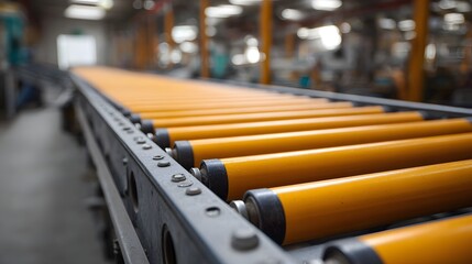 A close up perspective of a yellow industrial roller conveyor belt in a manufacturing facility conveying movement and efficiency