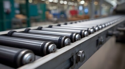 Close up of an industrial roller conveyor system with metallic rollers in a factory setting