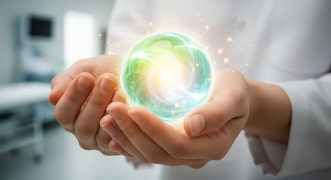 Woman holding glowing sphere in hands. Healing energy globe for regenerative medicine or holistic therapy concept. Future healthcare.