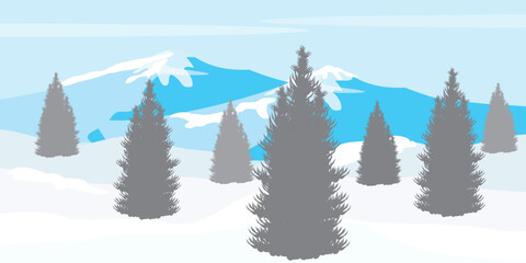 Winter landscape illustration of mountains and pine trees. Winter nature design in flat style.
